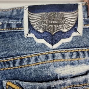 Express ReRock Boot Bootcut Patch Distressed Zipper Low Rise Embroidered Jeans